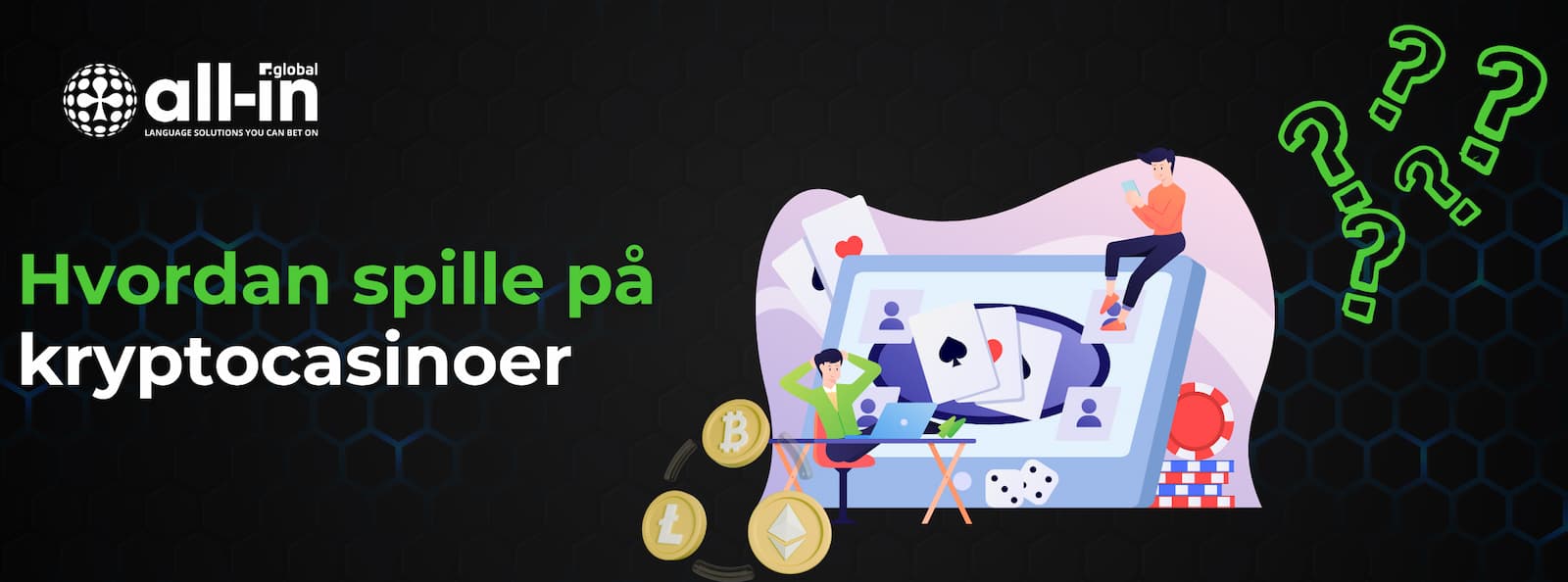Personer spiller på kryptocasino med kort, terninger og kryptovalutaikoner